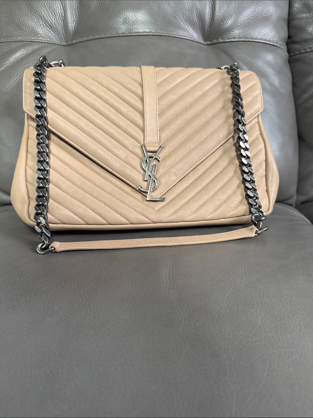 Saint Laurent Taupe Quilted Leather Shoulder Bag with Silver YSL